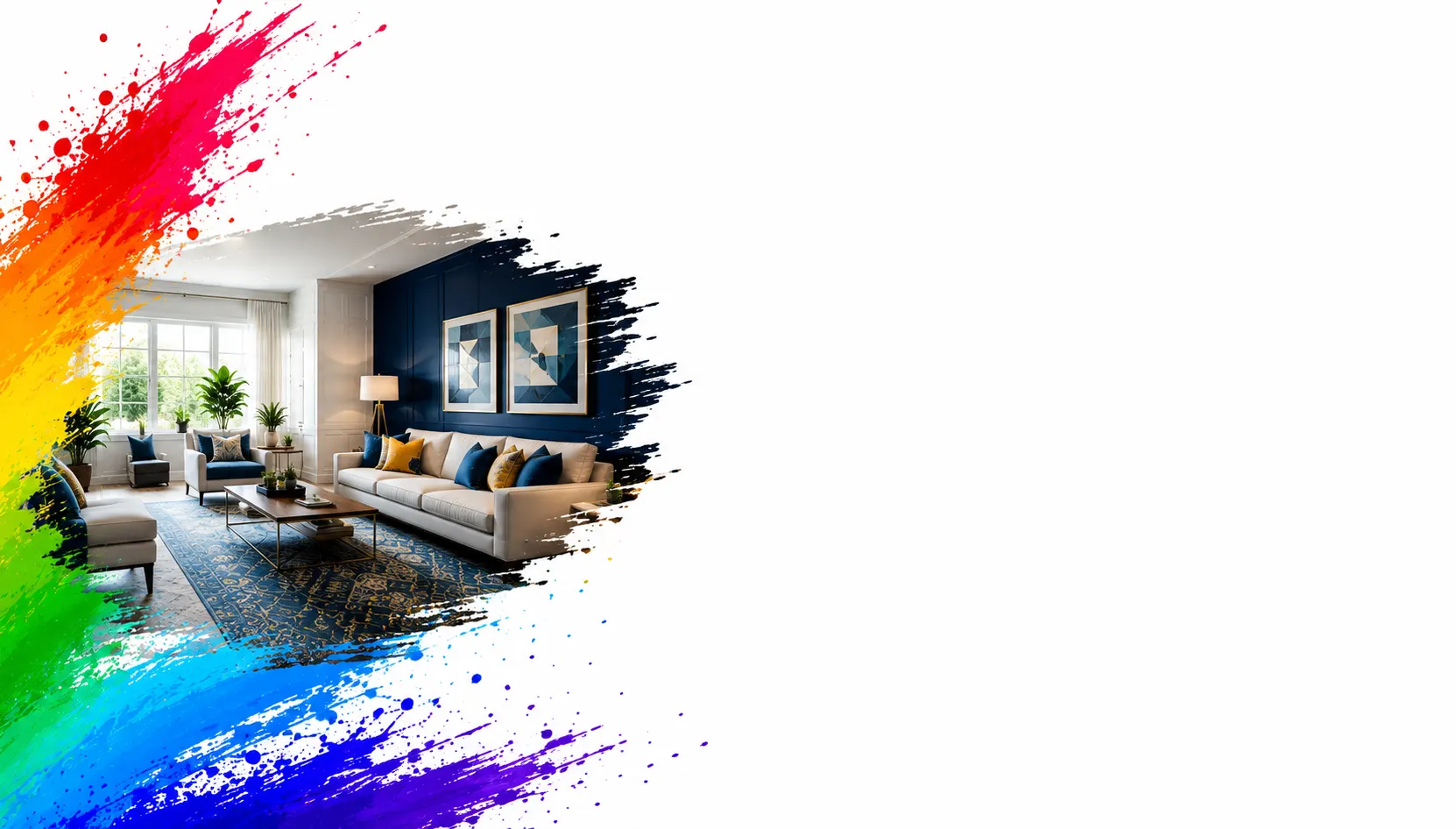 Living room with a freshly painted navy accent wall framed by a rainbow paint splash